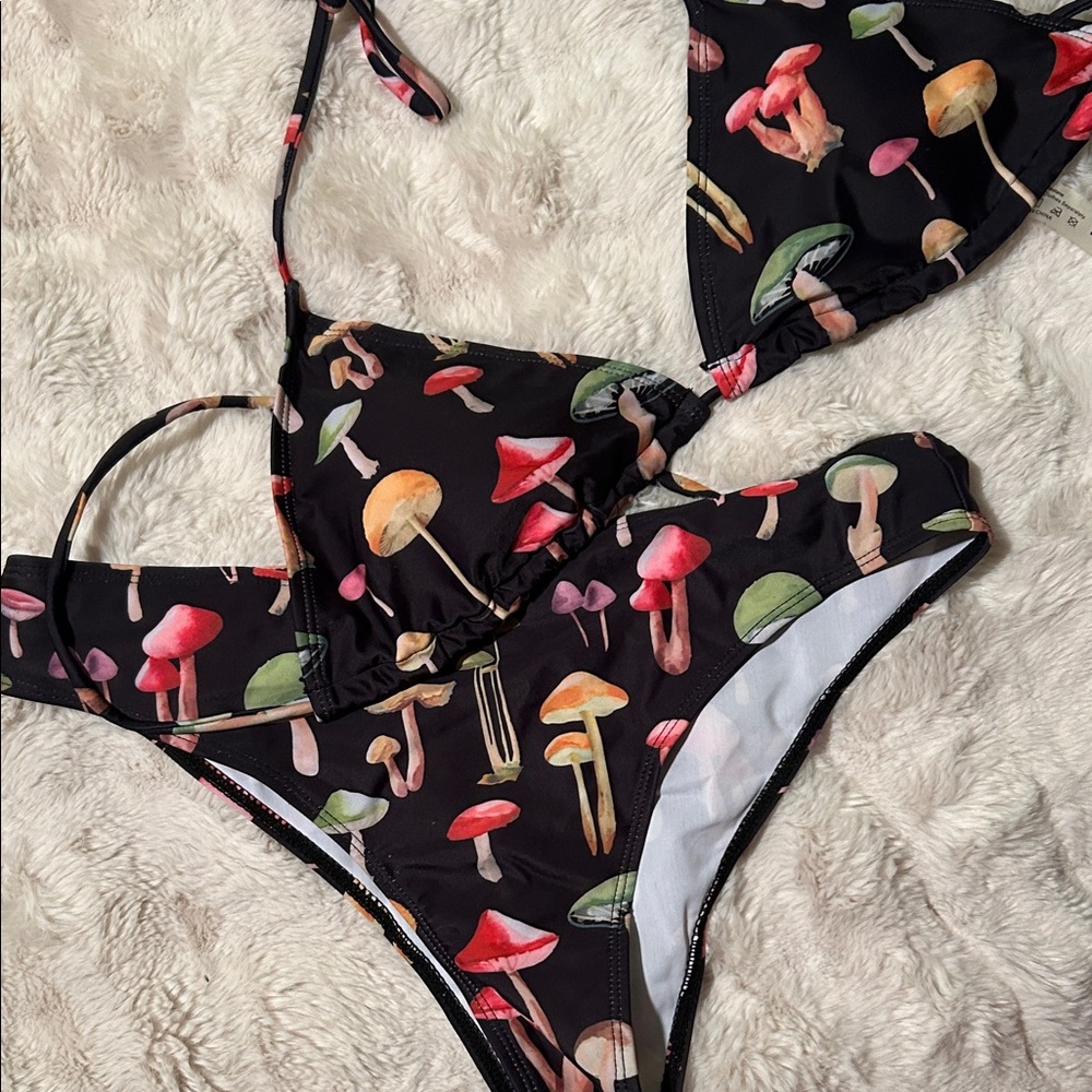 Mushroom Print Black Bikini Set